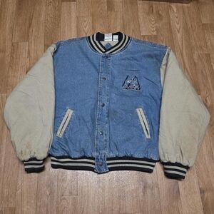 Vintage Mickey Mouse Varsity Denim Bomber Jacket 90s Disney Jean Quilted Size XL